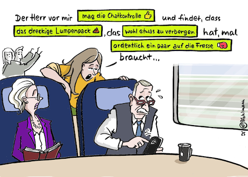 Cartoon: Fan der Chatkontrolle (medium) by Pfohlmann tagged chatkontrolle,eu,datenschutz,privatsphäre,hass,hetze,hatespeech,kommunikation,messenger,überwachung,smartphone,handy,zug,neugier,chatkontrolle,eu,datenschutz,privatsphäre,hass,hetze,hatespeech,kommunikation,messenger,überwachung,smartphone,handy,zug,neugier