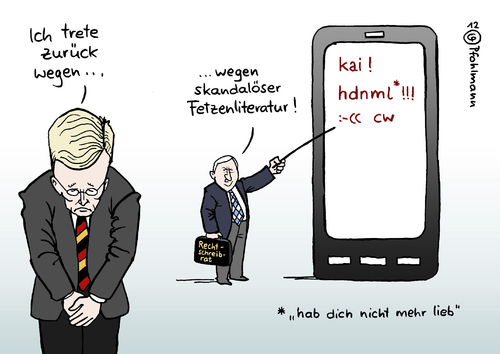 Cartoon: Fetzen (medium) by Pfohlmann tagged karikatur,color,farbe,2012,deutschland,wulff,affäre,bankkredit,hauskredit,kredit,bundespräsident,rücktritt,zehetmair,rechtschreibung,rechtschreibrat,sms,twitter,sprache,fetzenliteratur,handy,bild,pressefreiheit,chefredakteur,2012,wulff,deutschland,affäre,bankkredit,hauskredit,kredit,bundespräsident,rücktritt