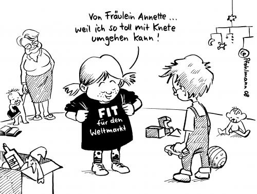 Cartoon: Fit! (medium) by Pfohlmann tagged bildung,bildungsgipfel,bildungsministerin,schavan,frühkindliche,förderung,kinder,kindergarten,kinderhort,weltmarkt,fit,knete,bildung,wissen,bildungsgipfel,bildungsministerin,schavan,förderung,kinder,kindergarten,weltmarkt,geld,finanzen,finanzierung,kita,annette schavan,bundesministerin,nachwuchs,zukunft,cdu,annette