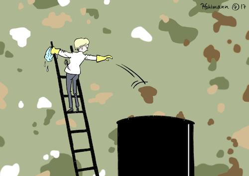 Cartoon: Fleckenputz (medium) by Pfohlmann tagged karikatur,cartoon,2017,color,farbe,deutschland,bundeswehr,von,der,leyen,säuberung,rechtsextremismus,rechtsextrem,netzwerk,wehrmacht,tradition,putzen,flecken,flecktarn,braun,putzfrau,truppe,karikatur,cartoon,2017,color,farbe,deutschland,bundeswehr,von,der,leyen,säuberung,rechtsextremismus,rechtsextrem,netzwerk,wehrmacht,tradition,putzen,flecken,flecktarn,braun,putzfrau,truppe