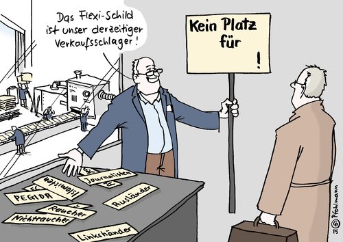 Cartoon: Flexi-Demoschild (medium) by Pfohlmann tagged karikatur,cartoon,2015,color,farbe,deutschland,pegida,demonstration,montagsdemonstration,demonstrationen,schild,plakat,flexi,flexibel,kein,platz,für,feind,feindbild,feindbilder,karikatur,cartoon,2015,color,farbe,deutschland,pegida,demonstration,montagsdemonstration,demonstrationen,schild,plakat,flexi,flexibel,kein,platz,für,feind,feindbild,feindbilder