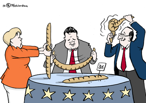 Cartoon: Flexibles Baguette (medium) by Pfohlmann tagged karikatur,cartoon,color,farbe,2014,europa,eu,merkel,hollande,gabriel,frankreich,deutschland,baguette,flexibel,defizit,defizitkriterien,stabilitätspakt,stabil,reformen,karikatur,cartoon,color,farbe,2014,europa,eu,merkel,hollande,gabriel,frankreich,deutschland,baguette,flexibel,defizit,defizitkriterien,stabilitätspakt,stabil,reformen