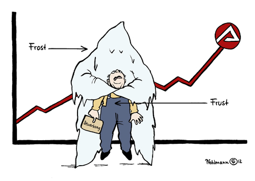 Cartoon: FrostFrust (medium) by Pfohlmann tagged karikatur,color,farbe,2012,deutschland,arbeitslosigkeit,statistik,arbeitslos,arbeitsagentur,zahlen,arbeitslosenquote,frost,frust,winter,kälte,nürnberg,arbeitsmarkt,2012,deutschland,arbeitslosigkeit,statistik,arbeitslos,frost,frust,winter,arbeitslosenquote