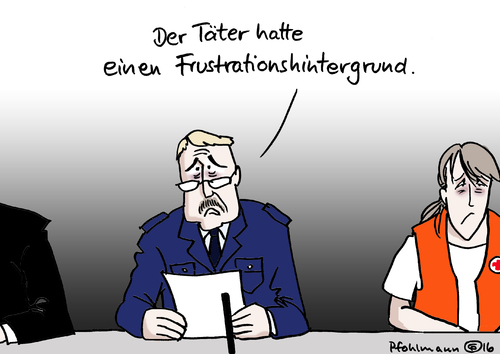 Cartoon: Frustrationshintergrund (medium) by Pfohlmann tagged karikatur,cartoon,2016,color,deutschland,münchen,amok,amoklauf,frustrationshintergrund,polizei,pressekonferenz,täter,frust,schießerei,anschlag,terror,motiv,motivation,karikatur,cartoon,2016,color,deutschland,münchen,amok,amoklauf,frustrationshintergrund,polizei,pressekonferenz,täter,frust,schießerei,anschlag,terror,motiv,motivation