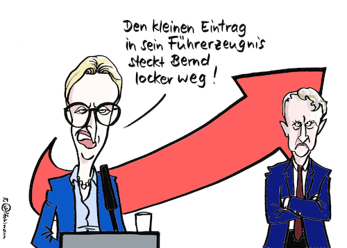 Cartoon: Führerzeugnis (medium) by Pfohlmann tagged afd,höcke,weidel,urteil,rechtsextremismus,sa,verfassungswidrig,verfassung,grundgesetz,verbot,strafe,führer,führungszeugnis,bernd,björn,straftat,nazis,nationalsozialismus,geschichte,afd,höcke,weidel,urteil,rechtsextremismus,sa,verfassungswidrig,verfassung,grundgesetz,verbot,strafe,führer,führungszeugnis,bernd,björn,straftat