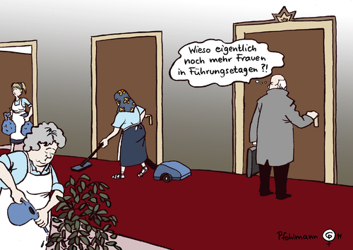 Cartoon: Führungsetage (medium) by Pfohlmann tagged karikatur,color,farbe,2011,deutschland,frauen,frauenquote,führungsposition,karriere,frauenpolitik,unternehmen,dax,vorstandsetage,vorstand,firmenleitung,aufsichtsrat,selbstverpflichtung,gesetz,putzfrauen,reinigungsfrauen,gleichberechtigung,emanzipation,geschlechter,deutschland,frauen,frauenquote,führungsposition,karriere,frauenpolitik,unternehmen,dax,vorstand