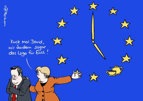 Cartoon: Fünf-Uhr-Logo (medium) by Pfohlmann tagged karikatur,cartoon,color,farbe,2014,europa,eu,merkel,cameron,logo,tee,fünf,uhr,fünfuhrtee,großbritannien,england,englisch,five,clock,zugeständnis,kommission,präsident,juncker,austritt,europäische,union,karikatur,cartoon,color,farbe,2014,europa,eu,merkel,cameron,logo,tee,fünf,uhr,fünfuhrtee,großbritannien,england,englisch,five,clock,zugeständnis,kommission,präsident,juncker,austritt,europäische,union