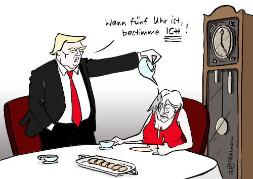 Cartoon: Fünf-Uhr-Tee mit Trump (medium) by Pfohlmann tagged karikatur,cartoon,color,farbe,2018,trump,besuch,großbritannien,may,tee,fünf,uhr,bestimmen,uhrzeit,demütigung,brexit,kritik,england,präsident,usa,europareise,karikatur,cartoon,color,farbe,2018,trump,besuch,großbritannien,may,tee,fünf,uhr,bestimmen,uhrzeit,demütigung,brexit,kritik,england,präsident,usa,europareise