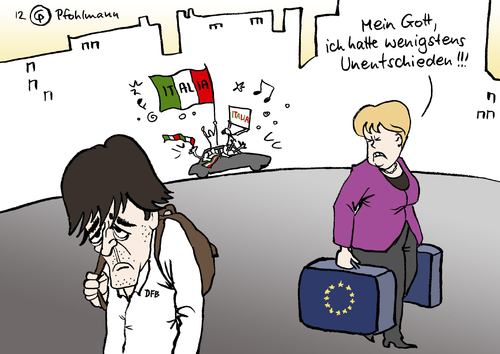 Cartoon: Gegner Italien (medium) by Pfohlmann tagged karikatur,color,farbe,2012,deutschland,europameisterschaft,fußball,halbfinale,löw,bundestrainer,ausscheiden,merkel,bundeskanzlerin,gipfel,eu,eurobonds,verhandlung,unentschieden,niederlage,europa,eurokrise,rettungsschirm,reformen,2012,deutschland,europameisterschaft,fußball,halbfinale,löw,bundestrainer