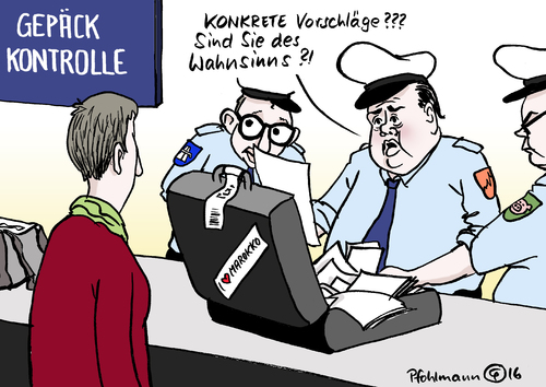 Cartoon: Gepäckkontrolle (medium) by Pfohlmann tagged karikatur,cartoon,2016,color,farbe,deutschland,hendricks,umweltministerin,gabriel,wirtschaftsminister,dobrindt,verkehrsminister,schmidt,landwirtschaftsminister,veto,klimaplan,klimakonferenz,klimaschutz,klimawandel,konkrete,vorschläge,koffer,gepäck,gepäckkontrolle,kontrolle,maßnahmen,flughafen,marokko,marrakesch,un,uno,karikatur,cartoon,2016,color,farbe,deutschland,hendricks,umweltministerin,gabriel,wirtschaftsminister,dobrindt,verkehrsminister,schmidt,landwirtschaftsminister,veto,klimaplan,klimakonferenz,klimaschutz,klimawandel,konkrete,vorschläge,koffer,gepäck,gepäckkontrolle,kontrolle,maßnahmen,flughafen,marokko,marrakesch,un,uno