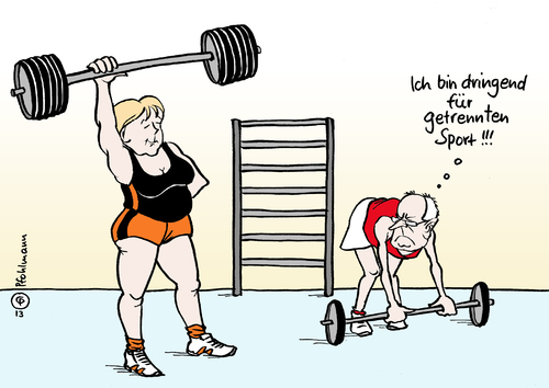 Cartoon: Getrennter Sport (medium) by Pfohlmann tagged karikatur,cartoon,color,farbe,2013,deutschland,steinbrück,sportunterricht,geschlechter,getrennt,mädchen,jungen,jungs,kanzlerkandidat,merkel,bundeskanzlerin,wahlkampf,bundestagswahl,bundestagswahlkampf,gewichtheben,gewichte,turnen,sport,muslime,integration,religion,toleranz,karikatur,cartoon,color,farbe,2013,deutschland,steinbrück,sportunterricht,geschlechter,getrennt,mädchen,jungen,jungs,kanzlerkandidat,merkel,bundeskanzlerin,wahlkampf,bundestagswahl,bundestagswahlkampf,gewichtheben,gewichte,turnen,sport,muslime,integration,religion,toleranz