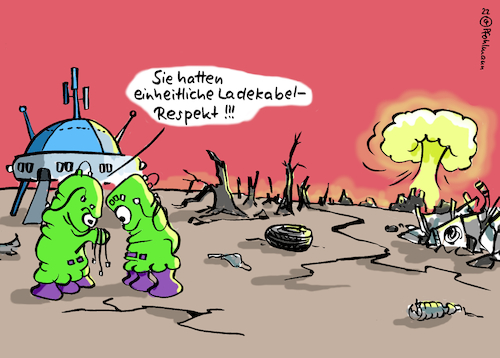 Cartoon: Gleiche Kabel (medium) by Pfohlmann tagged ladekabel,eu,handy,smartphone,akku,außerirdische,atomschlag,atomkrieg,krieg,umwelt,klimakrise,klima,mensch,menschheit,homo,sapiens,apokalypse,weltuntergang,erde,ufo,elektroschrott,norm,zivilisation,ladekabel,eu,handy,smartphone,akku,außerirdische,atomschlag,atomkrieg,krieg,umwelt,klimakrise,klima,mensch,menschheit,homo,sapiens,apokalypse,weltuntergang,erde,ufo,elektroschrott,norm,zivilisation