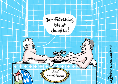 Cartoon: Herren im Bad Staffelstein (medium) by Pfohlmann tagged karikatur,cartoon,2015,color,farbe,deutschland,ungarn,bayern,csu,seehofer,orban,bad,staffelstein,kloster,banz,klausur,landtagsfraktion,badewanne,loriot,herren,ente,flüchtling,draußen,bleibt,eu,europa,global,welt,flucht,asyl,asylbewerber,flüchtlinge,zaun,grenze,aufnahme,abschottung,karikatur,cartoon,2015,color,farbe,deutschland,ungarn,bayern,csu,seehofer,orban,bad,staffelstein,kloster,banz,klausur,landtagsfraktion,badewanne,loriot,herren,ente,flüchtling,draußen,bleibt,eu,europa,global,welt,flucht,asyl,asylbewerber,flüchtlinge,zaun,grenze,aufnahme,abschottung