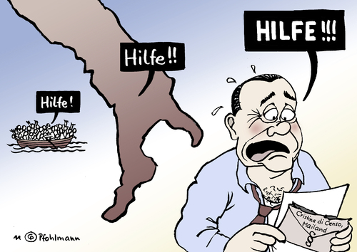 Cartoon: Hilfe! (medium) by Pfohlmann tagged auffanglager,hilfe,vorladung,prozess,berlusconi,boot,flucht,flüchtlinge,tunesien,italien,italien,tunesien,flüchtlinge,flucht,boot,silvio berlusconi,prozess,vorladung,hilfe,silvio,berlusconi