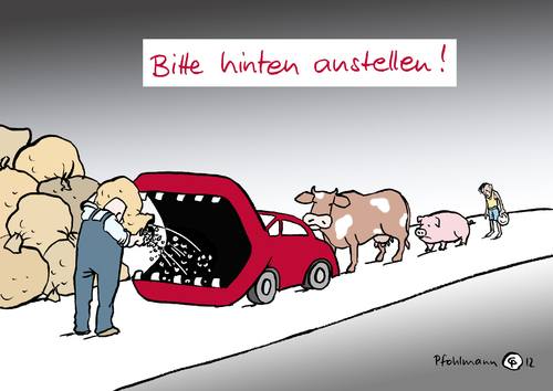 Cartoon: Hinten anstellen! (medium) by Pfohlmann tagged karikatur,color,farbe,2012,biosprit,ernte,bauern,ernährung,agrarpoltik,landwirtschaft,landwirt,treibstoff,auto,kfz,tiere,rind,schwein,mensch,hunger,hungersnot,tiernahrung,mast,tiermast,getreide,getreideernte,globalisierung,füttern,futter,tierfutter,karikatur,color,farbe,2012,biosprit,ernte,bauern,ernährung,agrarpoltik,landwirtschaft,landwirt,treibstoff,auto,kfz,tiere,rind,schwein,mensch,hunger,hungersnot,tiernahrung,mast,tiermast,getreide,getreideernte,globalisierung,füttern,futter,tierfutter