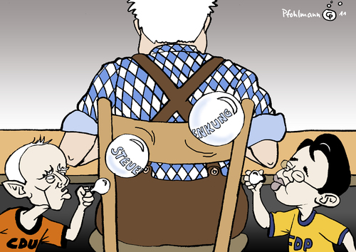 Cartoon: Hinter Seehofers Rücken (medium) by Pfohlmann tagged karikatur,color,farbe,2011,deutschland,steuersenkung,schäuble,rösler,seehofer,koalition,regierung,csu,cdu,fdp,schwarz,gelb,seifenblasen,ärger,rücken,hinter,union,2011,deutschland,steuersenkung,rösler,seehofer,seifenblasen,rücken,schwarz,cdu,csu,fdp,regierung,koalition