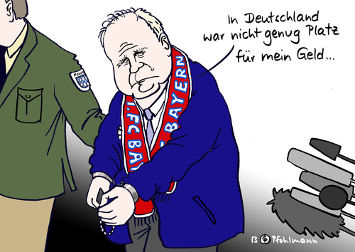 Cartoon: Hoeneß Geld (medium) by Pfohlmann tagged karikatur,cartoon,color,farbe,2013,deutschland,steuer,hoeneß,steuerhinterziehung,fc,bayern,schweiz,konto,platz,geld,polizei,verhaftung,handschellen,abführen,selbstanzeige,karikatur,cartoon,color,farbe,2013,deutschland,steuer,hoeneß,steuerhinterziehung,fc,bayern,schweiz,konto,platz,geld,polizei,verhaftung,handschellen,abführen,selbstanzeige