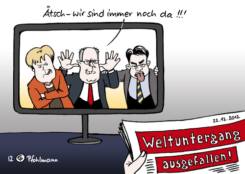 Cartoon: Immer noch da (medium) by Pfohlmann tagged karikatur,cartoon,color,farbe,2012,weltuntergang,merkel,steinbrück,rösler,politiker,maya,mayakalender,prophezeiung,schlagzeile,presse,zeitung,meldung,weltende,ausgefallen,ausfall,vorhersage,tv,fernsehen,fernseher,karikatur,cartoon,color,farbe,2012,weltuntergang,merkel,steinbrück,rösler,politiker,maya,mayakalender,prophezeiung,schlagzeile,presse,zeitung,meldung,weltende,ausgefallen,ausfall,vorhersage,tv,fernsehen,fernseher