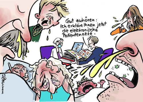 Cartoon: Infekte Patientenakte (medium) by Pfohlmann tagged gesundheit,arzt,ärzte,ärztin,medizin,gesundheitssystem,infekte,erkältungen,grippe,corona,krank,krankheit,patienten,lauterbach,elektronische,patientenakte,epa,digitalisierung,stress,überlastung,krankheitswelle,überstunden,burnout,bundesregierung,ampel,gesundheitsminister,bedienungsanleitung,schnupfen,niesen,husten,fieber,gesundheit,arzt,ärzte,ärztin,medizin,gesundheitssystem,infekte,erkältungen,grippe,corona,krank,krankheit,patienten,lauterbach,elektronische,patientenakte,epa,digitalisierung,stress,überlastung,krankheitswelle,überstunden,burnout,bundesregierung,ampel,gesundheitsminister,bedienungsanleitung,schnupfen,niesen,husten,fieber