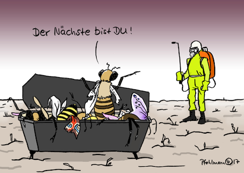 Cartoon: Insektentod (medium) by Pfohlmann tagged karikatur,cartoon,color,farbe,2017,deutschland,global,insekten,bienen,insektensterben,bienensterben,rückgang,aussterben,bedroht,artenschwund,artenvielfalt,insektenvernichtung,landwirtschaft,mensch,nahrungskette,pestizide,ökosystem,umwelt,sarg,tod,nächste,nächster,karikatur,cartoon,color,farbe,2017,deutschland,global,insekten,bienen,insektensterben,bienensterben,rückgang,aussterben,bedroht,artenschwund,artenvielfalt,insektenvernichtung,landwirtschaft,mensch,nahrungskette,pestizide,ökosystem,umwelt,sarg,tod,nächste,nächster