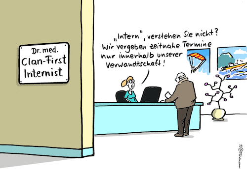 Cartoon: Internist Termine (medium) by Pfohlmann tagged medizin,facharzttermine,arzttermine,krankenversicherung,gesundheitssystem,internist,verwandtschaft,gesundheit,krankheit,clan,privilegien,patienten,arztpraxis,sprechstundenhilfe,anmeldung,behandlung,medizin,facharzttermine,arzttermine,krankenversicherung,gesundheitssystem,internist,verwandtschaft,gesundheit,krankheit,clan,privilegien,patienten,arztpraxis,sprechstundenhilfe,anmeldung,behandlung