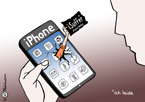 Cartoon: iPhone - iSuffer (medium) by Pfohlmann tagged karikatur,cartoon,farbe,color,2012,iphone,apple,foxconn,arbeiter,arbeitsbedingungen,suffer,leid,leiden,aufstand,protest,ausbeutung,china,fabrik,produktion,handy,mobilfunk,smartphone,globalisierung,herstellung,karikatur,cartoon,farbe,color,2012,iphone,apple,foxconn,arbeiter,arbeitsbedingungen,suffer,leid,leiden,aufstand,protest,ausbeutung,china,fabrik,produktion,handy,mobilfunk,smartphone,globalisierung,herstellung