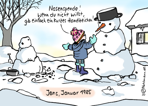 Cartoon: Jens 1985 (medium) by Pfohlmann tagged 2020,deutschland,organspende,jens,spahn,gesundheitsminister,widerspruchslösung,schneemann,kindheit,nase,winter,schnee,2020,deutschland,organspende,jens,spahn,gesundheitsminister,widerspruchslösung,schneemann,kindheit,nase,winter,schnee