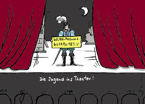 Cartoon: Jugend ins Theater (medium) by Pfohlmann tagged jugend,jugendliche,kultur,theater,oper,ballett,bühne,wlan,internet,smartphone,kulturpass,roth,grüne,ampel,bundesregierung,kulturförderung,flatrate,passwort,online,jugend,jugendliche,kultur,theater,oper,ballett,bühne,wlan,internet,smartphone,kulturpass,roth,grüne,ampel,bundesregierung,kulturförderung,flatrate,passwort,online