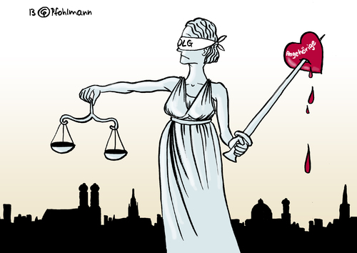 Cartoon: Justitias Herzstich (medium) by Pfohlmann tagged karikatur,cartoon,color,farbe,2013,deutschland,nsu,terrorzelle,prozess,olg,münchen,gericht,oberlandesgericht,termin,terminverschiebung,angehörige,herz,opfer,schmerz,schmerzgrenze,schwert,justizia,justitia,morde,karikatur,cartoon,color,farbe,2013,deutschland,nsu,terrorzelle,prozess,olg,münchen,gericht,oberlandesgericht,termin,terminverschiebung,angehörige,herz,opfer,schmerz,schmerzgrenze,schwert,justizia,justitia,morde