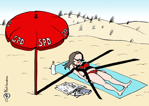 Cartoon: K-Schatten (medium) by Pfohlmann tagged karikatur,color,farbe,2012,deutschland,spd,nahles,kfrage,frage,schatten,kanzlerkandidatur,kandidat,kanzlerkandidat,kandidatenfrage,gegenkandidat,fahrplan,partei,sommer,strand,schirm,sonnenschirm,2012,deutschland,spd,kanzlerkandidatur,kandidat,kanzlerkandidat,kandidatenfrage