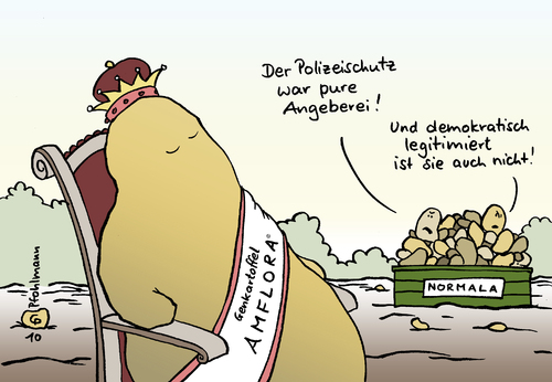 Cartoon: Kartoffelkönigin (medium) by Pfohlmann tagged gentechnik,kartoffel,kartoffelkönig,landwirtschaft,amflora,acker,ackerbau,aussaat,polizeischutz,gentechnik,kartoffel,kartoffelkönig,landwirtschaft,amflora,acker,ackerbau,aussaat,polizeischutz