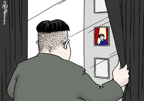 Cartoon: Kims Blick (medium) by Pfohlmann tagged karikatur,cartoon,2015,color,farbe,nordkorea,südkorea,kim,jong,un,park,geunhye,präsidentin,gipfel,annäherung,blick,fenster,vorhang,karikatur,cartoon,2015,color,farbe,nordkorea,südkorea,kim,jong,un,park,geunhye,präsidentin,gipfel,annäherung,blick,fenster,vorhang