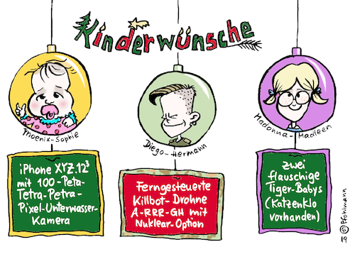 Cartoon: Kinderwünsche 2019 (medium) by Pfohlmann tagged 2019,weihnachten,kinder,konsum,wünsche,wunschzettel,iphone,drohne,haustier,2019,weihnachten,kinder,konsum,wünsche,wunschzettel,iphone,drohne,haustier