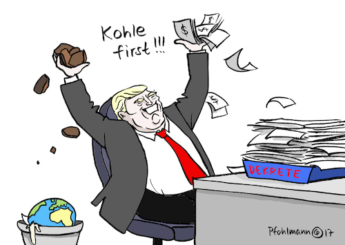 Cartoon: Kohle first (medium) by Pfohlmann tagged karikatur,cartoon,2017,color,farbe,usa,trump,umwelt,kohle,energie,klimaschutz,dekret,rücknahme,regelungen,regulierungen,deregulierung,vorgänger,obama,präsident,karikatur,cartoon,2017,color,farbe,usa,trump,umwelt,kohle,energie,klimaschutz,dekret,rücknahme,regelungen,regulierungen,deregulierung,vorgänger,obama,präsident