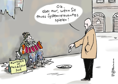 Cartoon: Kunst systemrelevant (medium) by Pfohlmann tagged 2020,deutschland,global,welt,coronavirus,corona,virus,pandemie,künstler,einnahmen,straßenkünstler,kleinkünstler,existenz,bettler,systemrelevant,krise,pleite,wirtschaftskrise,spende,almosen,2020,deutschland,global,welt,coronavirus,corona,virus,pandemie,künstler,einnahmen,straßenkünstler,kleinkünstler,existenz,bettler,systemrelevant,krise,pleite,wirtschaftskrise,spende,almosen