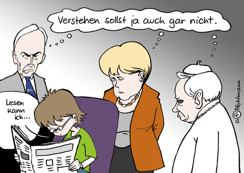 Cartoon: Lesen und Verstehen (medium) by Pfohlmann tagged karikatur,cartoon,color,farbe,2012,deutschland,grundschule,lesen,iglu,test,schule,schulpolitik,vergleich,ranking,leistung,grundschüler,lesefähigkeit,verständnis,verstehen,bildung,bildungspolitik,merkel,bundeskanzlerin,keitel,bdi,industrie,wirtschaft,kirche,papst,benedikt