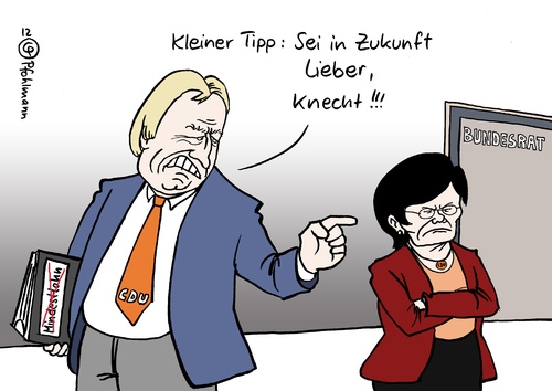 Cartoon: Lieber Knecht (medium) by Pfohlmann tagged karikatur,cartoon,farbe,color,2012,deutschland,bundesrat,länder,bundesländer,lieberknecht,bouffier,hessen,thüringen,cdu,mindestlohn,abstimmung,gesetz,föderalismus,gesetzgebung,karikatur,cartoon,farbe,color,2012,deutschland,bundesrat,länder,bundesländer,lieberknecht,bouffier,hessen,thüringen,cdu,mindestlohn,abstimmung,gesetz,föderalismus,gesetzgebung