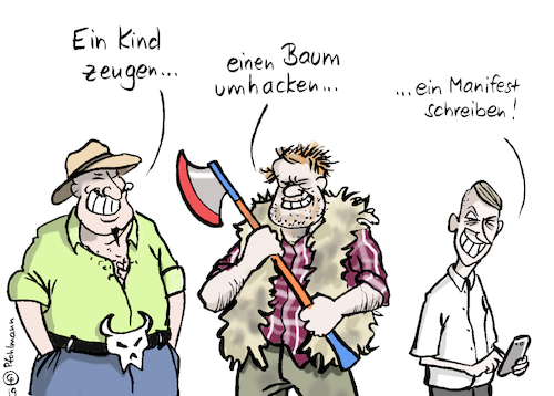 Cartoon: Männer-Taten (medium) by Pfohlmann tagged 2019,usa,amok,gewalt,krieg,männer,männlichkeit,taten,kind,zeugen,baum,pflanzen,fällen,umhauen,manifest,schreiben,posten,soziale,medien,narzissmus,rechtsradikal,rassist,rassismus,mord,internet,facebook,plattformen,2019,usa,amok,gewalt,krieg,männer,männlichkeit,taten,kind,zeugen,baum,pflanzen,fällen,umhauen,manifest,schreiben,posten,soziale,medien,narzissmus,rechtsradikal,rassist,rassismus,mord,internet,facebook,plattformen