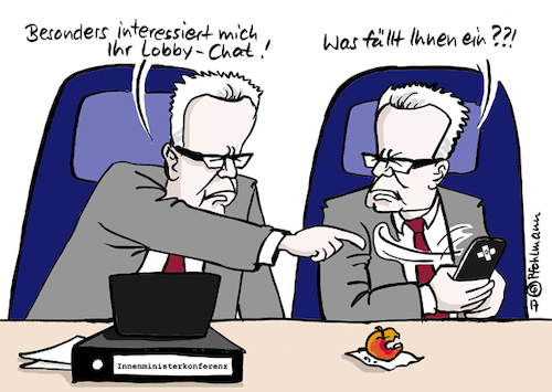 Cartoon: Maiziere überwacht Maiziere (medium) by Pfohlmann tagged karikatur,cartoon,2017,color,farbe,deutschland,innenminister,treffen,konferenz,de,maiziere,überwachung,digital,chats,messenger,whatsapp,zugriff,verschlüsselung,terrorismus,terroristen,sicherheitspolitik,sicherheit,innere,maßnahmen,handy,smartphone,privatsphäre,grundrechte