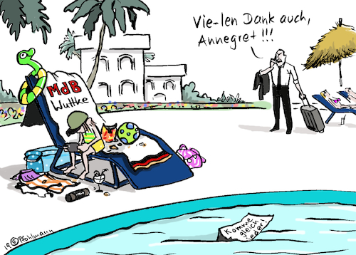 Cartoon: MdBs Handtuch (medium) by Pfohlmann tagged 2019,deutschland,akk,vereidigung,bundestag,urlaub,unterbrechung,mdb,handtuch,pool,abgeordnete,verteidigungsministerin,ärger,2019,deutschland,akk,vereidigung,bundestag,urlaub,unterbrechung,mdb,handtuch,pool,abgeordnete,verteidigungsministerin,ärger