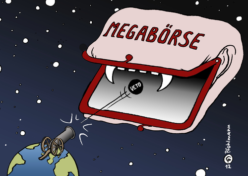 Cartoon: Megabörse (medium) by Pfohlmann tagged karikatur,color,farbe,2012,eu,europa,kommission,europäische,veto,megabörse,börse,geldbörse,kanone,kanonenkugel,nyse,frankfurt,new,york,deutsche,fusion,europa,eu,2012,kommission,veto,megabörse,börse,geldbörse,frankfurt,deutsche,fusion,new york,new,york