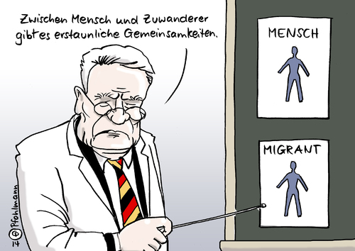 Cartoon: Mensch und Migrant (medium) by Pfohlmann tagged karikatur,cartoon,color,farbe,2014,deutschland,gauck,bundespräsident,zuwanderung,zuwanderer,sozialsysteme,ausländer,mensch,migrant,migranten,migration,wissenschaftler,gemeinsamekeiten,karikatur,cartoon,color,farbe,2014,deutschland,gauck,bundespräsident,zuwanderung,zuwanderer,sozialsysteme,ausländer,mensch,migrant,migranten,migration,wissenschaftler,gemeinsamekeiten