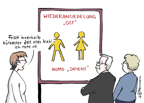 Cartoon: Menschen ansiedeln (medium) by Pfohlmann tagged 2019,ostdeutschland,bevölkerung,bevölkerungsschwund,menschenleer,mensch,homo,sapiens,ansiedlung,ansiedelung,wiederansiedelung,biologin,biologen,naturschutz,artenschutz,kahlfraß,schädling,umwelt,2019,ostdeutschland,bevölkerung,bevölkerungsschwund,menschenleer,mensch,homo,sapiens,ansiedlung,ansiedelung,wiederansiedelung,biologin,biologen,naturschutz,artenschutz,kahlfraß,schädling,umwelt