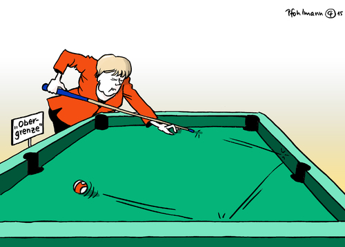 Cartoon: Merkel über Bande (medium) by Pfohlmann tagged karikatur,cartoon,2015,color,farbe,deutschland,bundeskanzlerin,merkel,flüchtlingspolitik,asylpolitik,flüchtlingskrise,flüchtlinge,obergrenze,kontingente,union,cdu,koalition,billard,bande,umweg,aufnahmekapazität,immigration,aufnahmefähigkeit,grenze,begrenzung,karikatur,cartoon,2015,color,farbe,deutschland,bundeskanzlerin,merkel,flüchtlingspolitik,asylpolitik,flüchtlingskrise,flüchtlinge,obergrenze,kontingente,union,cdu,koalition,billard,bande,umweg,aufnahmekapazität,immigration,aufnahmefähigkeit,grenze,begrenzung