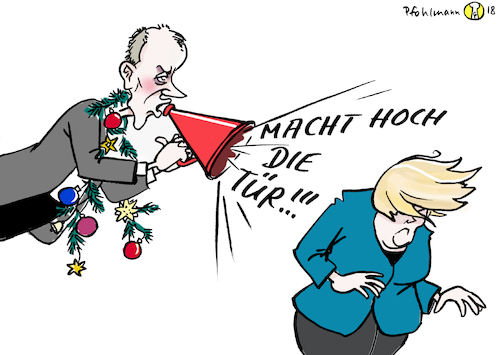 Cartoon: Merz hoch die Tür (medium) by Pfohlmann tagged karikatur,cartoon,farbe,color,2018,deutschland,merz,merkel,cdu,vorsitz,regierung,kabinett,anspruch,posten,minister,ministeramt,weihnachten,macht,hoch,die,tür,weihnachtslied,parteivorsitz,megaphon,megafon,bundeskanzlerin,kanzlerin,groko,karikatur,cartoon,farbe,color,2018,deutschland,merz,merkel,cdu,vorsitz,regierung,kabinett,anspruch,posten,minister,ministeramt,weihnachten,macht,hoch,die,tür,weihnachtslied,parteivorsitz,megaphon,megafon,bundeskanzlerin,kanzlerin,groko