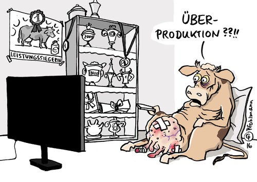 Cartoon: Milchüberproduktion (medium) by Pfohlmann tagged karikatur,cartoon,2016,color,deutschland,landwirtschaft,milch,milchüberschuss,überproduktion,kuh,rind,tier,tierschutz,leistung,milchleistung,tierquälerei,euter,entzündung,verschwendung,kühe,milchvieh,eu,europa,agrarpolitik,lebensmittel,milchproduktion,milchproduzenten,milchpreis,karikatur,cartoon,2016,color,deutschland,landwirtschaft,milch,milchüberschuss,überproduktion,kuh,rind,tier,tierschutz,leistung,milchleistung,tierquälerei,euter,entzündung,verschwendung,kühe,milchvieh,eu,europa,agrarpolitik,lebensmittel,milchproduktion,milchproduzenten,milchpreis