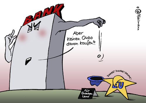 Cartoon: Milde Gabe (medium) by Pfohlmann tagged karikatur,color,griechenland,greece,europa,2011,farbe,gläubiger,privat,banken,bank,spende,eu,beteiligung,rettung,gipfel,euro,bankrott,pleite,staatsschulden,schulden,rettungspaket,aufbau,finanzhilfen,hilfen,blühende,wirtschaft,wiederaufbau,landschaft,landschaften,griechenland,spende,bank,banken,rettung,gipfel,rettungspaket,beteiligung,eu