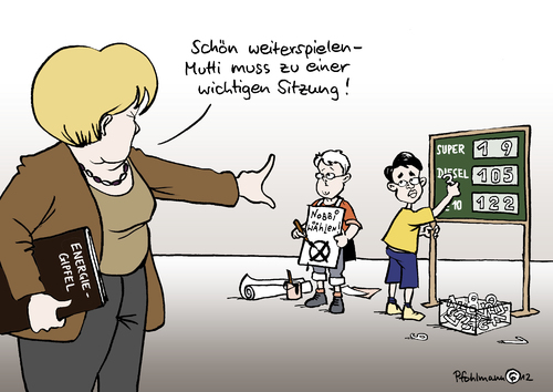 Cartoon: Muttis Energiegipfel (medium) by Pfohlmann tagged karikatur,color,farbe,2012,deutschland,energiegipfel,bundeskanzlerin,merkel,mutti,sitzung,gästeliste,energiekonzerne,energiewende,umweltminister,röttgen,wirtschaftsminister,rösler,kinder,spielen,benzinpreise,spritpreise,kontrolle,meldestelle,preistransparenz,nrw,wahl,landtagswahl,kandidat,cdu,wahlkampf,nordrhein,westfalen,2012,deutschland,energiegipfel,bundeskanzlerin,merkel