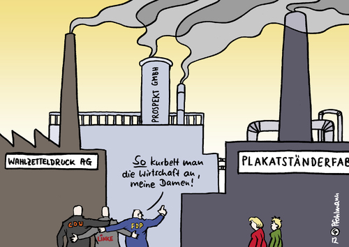 Cartoon: NRW Wahlindustrie (medium) by Pfohlmann tagged karikatur,color,farbe,2012,deutschland,nrw,nordrhein,westfalen,wahlkampf,fabrik,firma,fabriken,industrie,koalition,regierung,rotgrün,minderheitsregierung,ende,haushalt,opposition,neuwahl,neuwahlen,kraft,löhrmann,grüne,spd,cdu,linke,fdp,wirtschaft,ankurbeln,wirtschaftspolitik,nrw,nordrhein westfalen,minderheitsregierung,grün,spd,grüne,landtag,cdu,fdp,linke,neuwahlen,nordrhein,westfalen