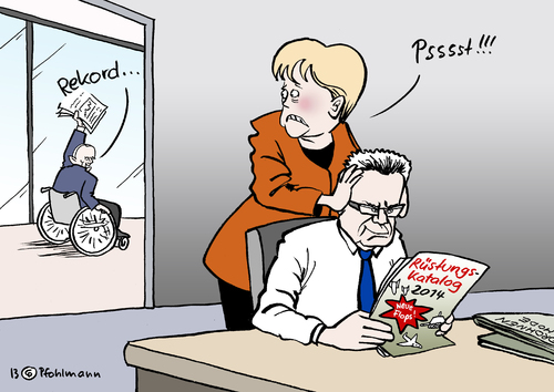 Cartoon: Ohren zu! (medium) by Pfohlmann tagged karikatur,cartoon,color,farbe,2013,deutschland,merkel,de,maiziere,verteidigungsminister,schäuble,rekordeinnahmen,steuereinnahmen,einnahmerekord,rekord,staatseinnahmen,drohnenprojekt,desaster,rüstungsausgaben,affäre,steuergeld,steuern,steuerverschwendung,ohren,zu,katalog,bundeswehr,beschaffung,rüstungsprojekt,karikatur,cartoon,color,farbe,2013,deutschland,merkel,de,maiziere,verteidigungsminister,schäuble,rekordeinnahmen,steuereinnahmen,einnahmerekord,rekord,staatseinnahmen,drohnenprojekt,desaster,rüstungsausgaben,affäre,steuergeld,steuern,steuerverschwendung,ohren,zu,katalog,bundeswehr,beschaffung,rüstungsprojekt